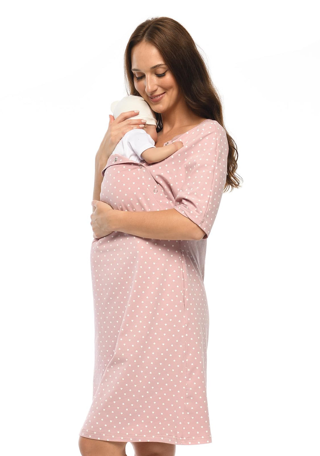 MijaCulture 3 in1 Geburtskleid Stillnachthemd Umstandsnachthemd 4128 Rosa/mit Herzen S, Rosa/mit Her