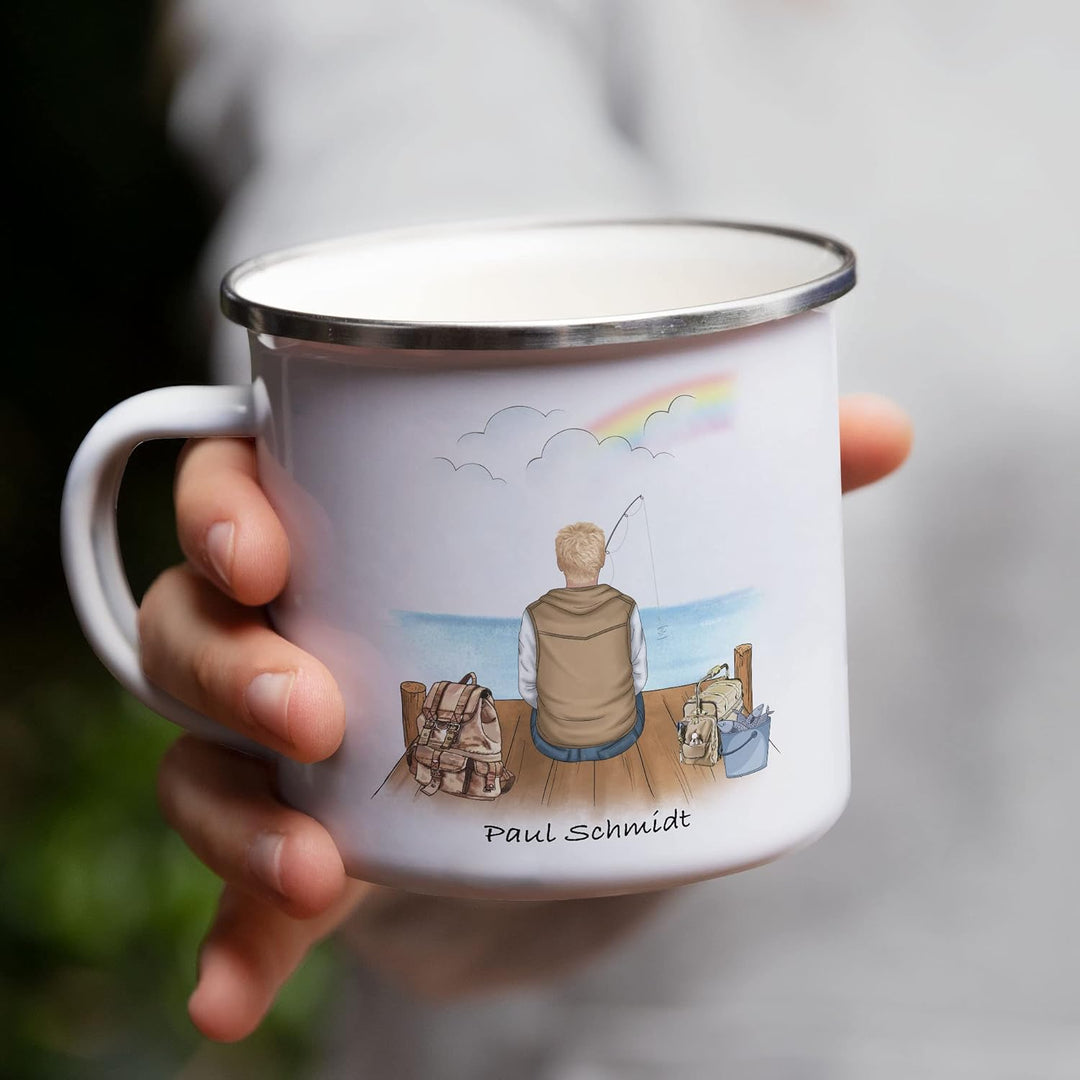 Angler Emaille Tasse Personalisiert Individuell mit Name Angeln Fischen Geschenk Opa Vater zum Vater