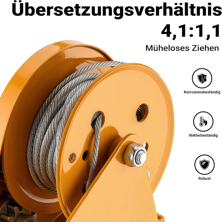 Handseilwinde bis 540kg 10m Drahtseil 4,2:1 Seilwinde Greifzug Handseilzug Forstseilwinde