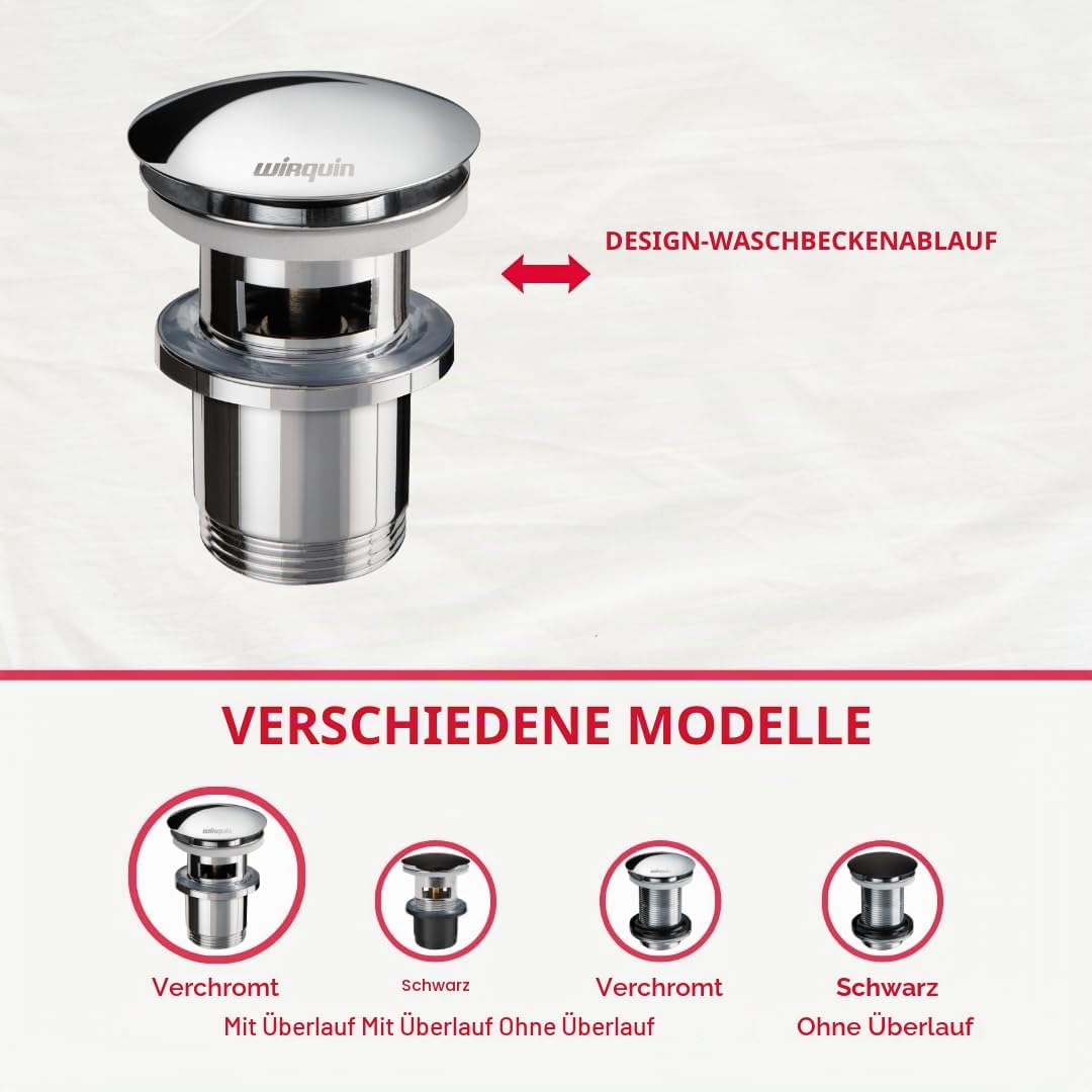 Wirquin 30723123 Ablaufgarnitur für Waschbecken, Messing, Quick-Clac-System – Überlauf, kurzes Ablau