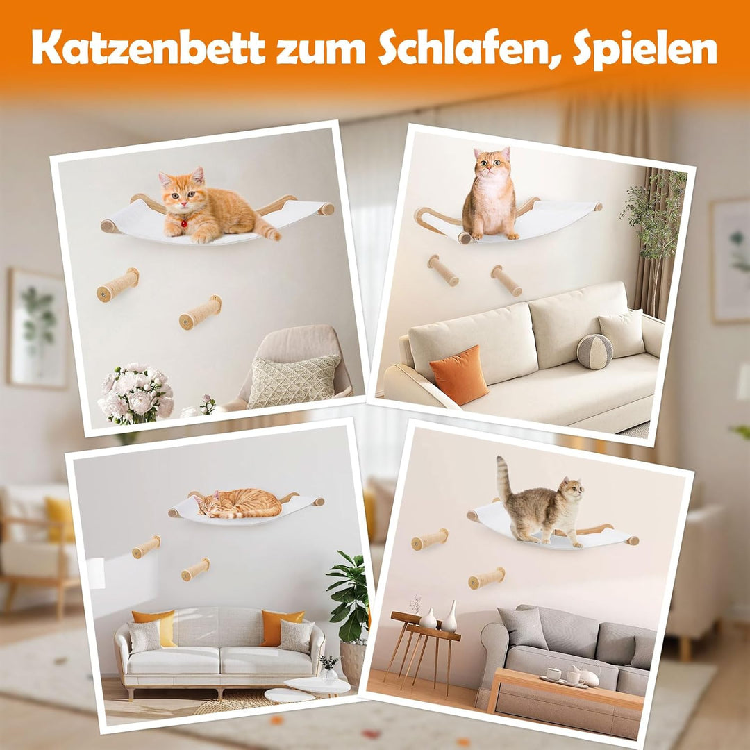 Katzenhängematte Wandmontage, Kletterwand Set aus Massivholz mit Katzentreppe - Stabiles Katzenbett,