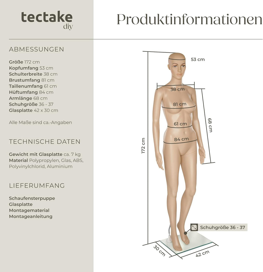 TecTake Schaufensterpuppe Zerlegbare Puppe | drehbar und beweglich | Glasplatte mit Wadendorn - Vers