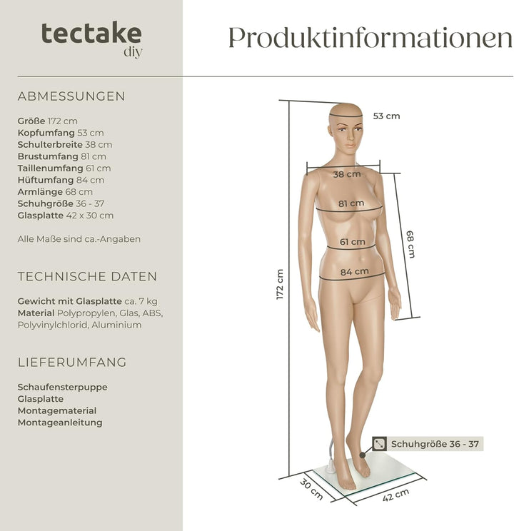 TecTake Schaufensterpuppe Zerlegbare Puppe | drehbar und beweglich | Glasplatte mit Wadendorn - Vers