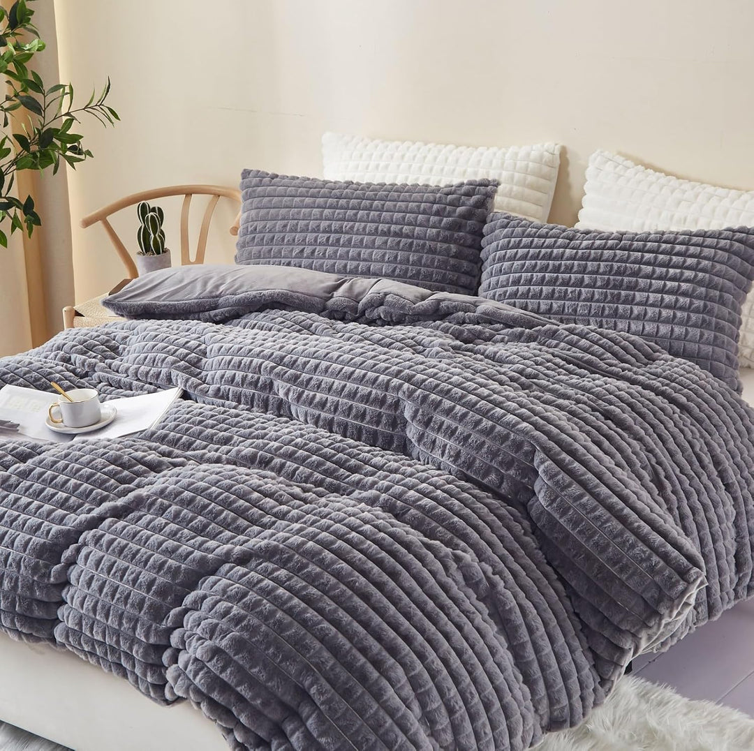 Tospass Plüsch Bettwäsche 200x220 cm 3 Teilig Winter Kaninchenfell Samt Bettwäsche Fleece Biber Grau