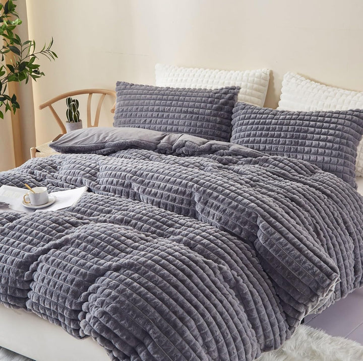 Tospass Plüsch Bettwäsche 135x200 cm 4 Teilig Winter Kaninchenfell Samt Bettwäsche Fleece Biber Grau