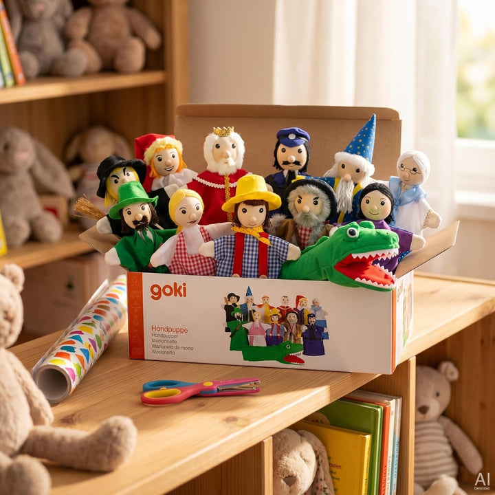 goki SO450 - Handpuppenset - liebevoll gestaltet aus Holz und Stoff - 12 Puppen