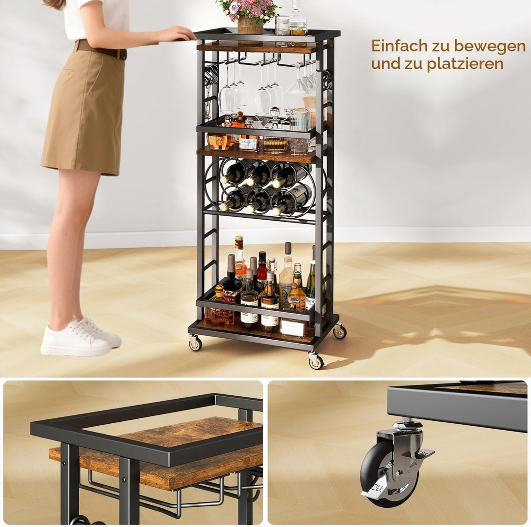 IBUYKE 4 Ebenen Weinregal mit Rollen,Freistehend Weinregal, Barwagen für Spirituosen, Whisky und Wei