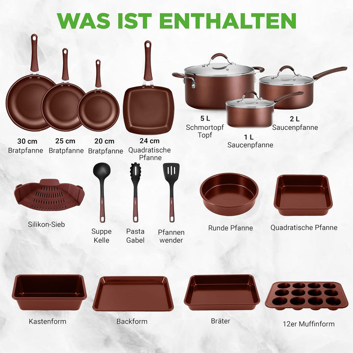 NutriChef Topf- & Pfannenset Induktion 20-teilig Braun – Antihaft-Kochgeschirr mit Deckeln & Backfor