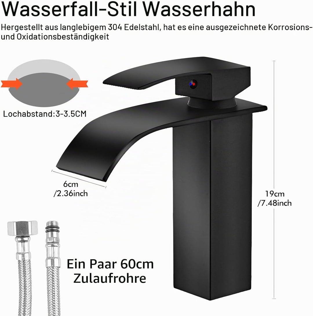 Touch-On Wasserhahn Bad Schwarz - Mattierte Wasserfall-Armatur mit Fingerprint-Schutz | Einhebelmisc