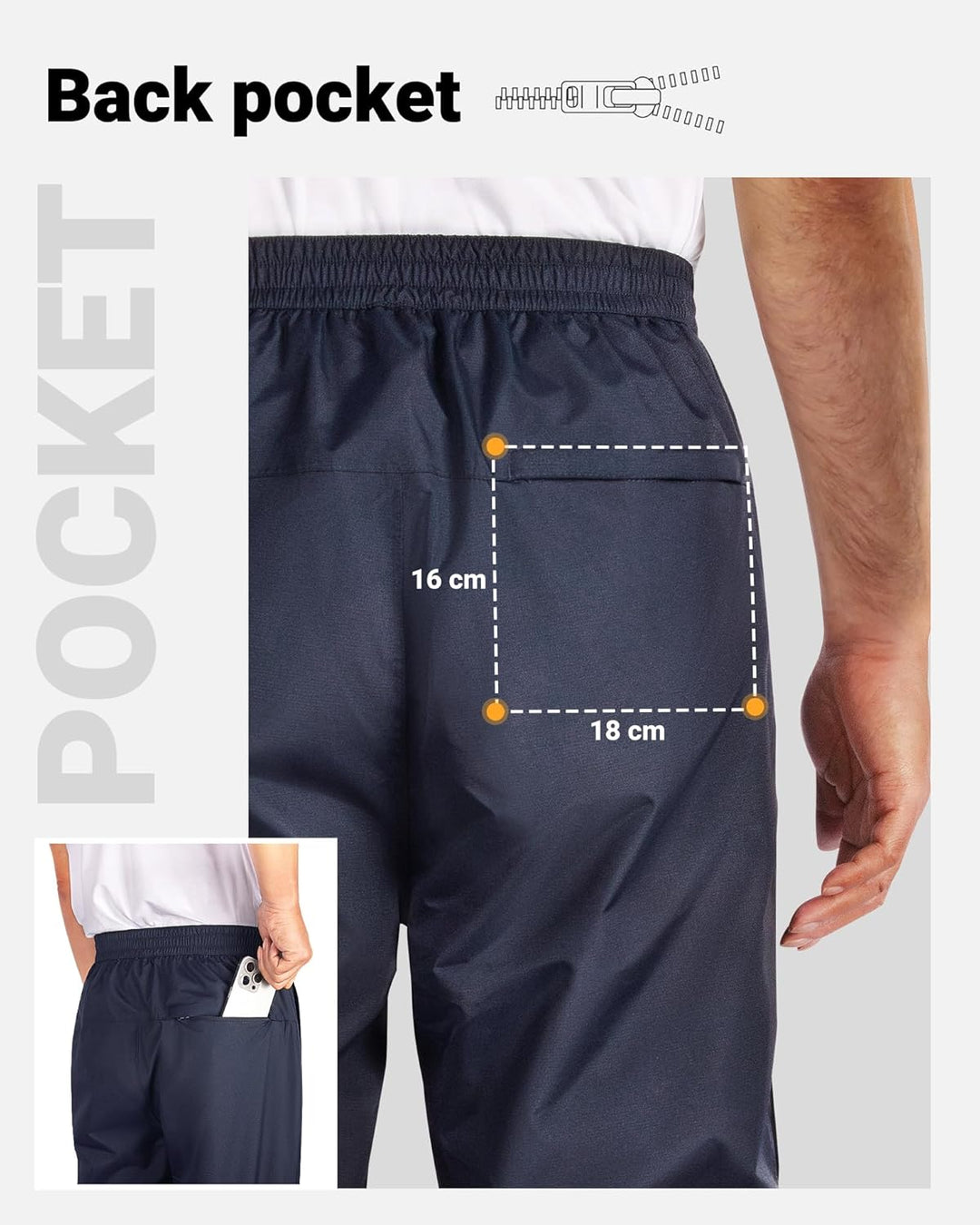 33,000ft Regenhose Herren Wasserdicht Full Zip Wanderhose, Atmungsaktiv 2-Lagen Überziehhose Fahrrad