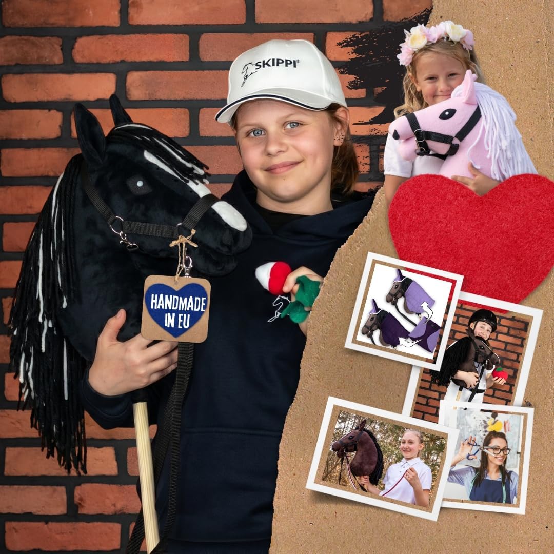 SKIPPI Hobby Horse Schwarz, A3 Steckenpferd mit Halfter und Zügeln im Set | Schwarzes Stockpferd mit