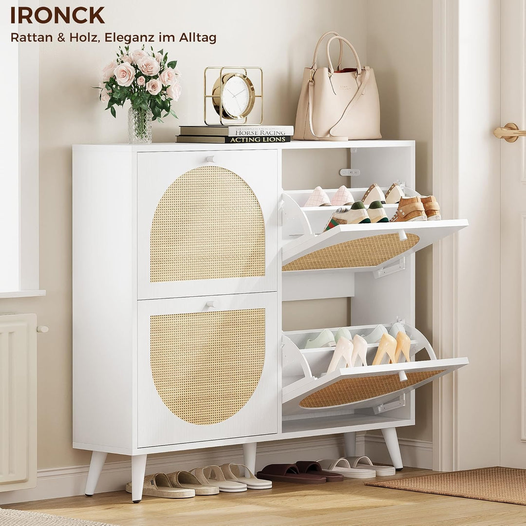 IRONCK Schuhschrank Rattan, schmal Schuhkipper mit 4 Klappen, freistehende Schuhregal, Schuhkommode