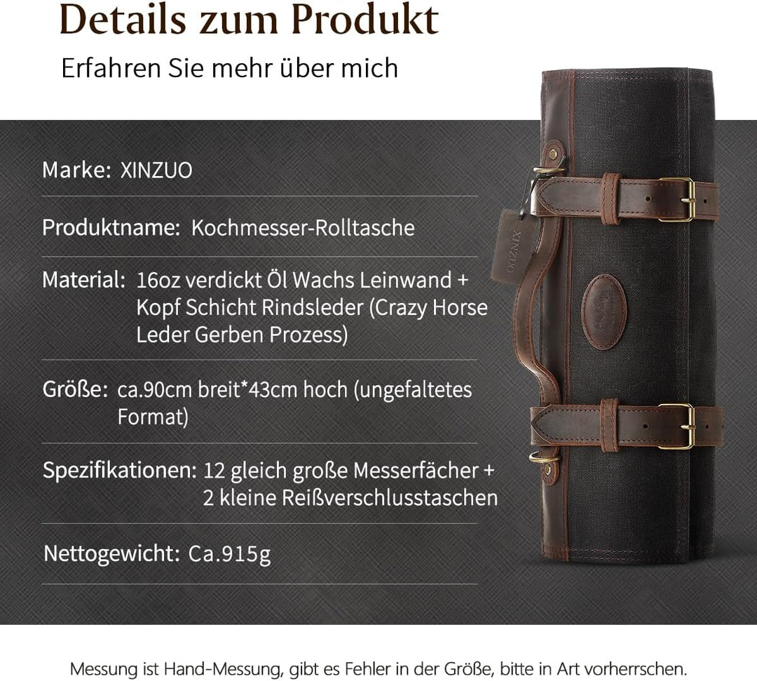 XINZUO Messertasche, Profi Koch Rolltasche, Universal Etui für Koch 12 Slots, 16oz gewachstes Segelt