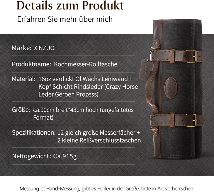 XINZUO Messertasche, Profi Koch Rolltasche, Universal Etui für Koch 12 Slots, 16oz gewachstes Segelt