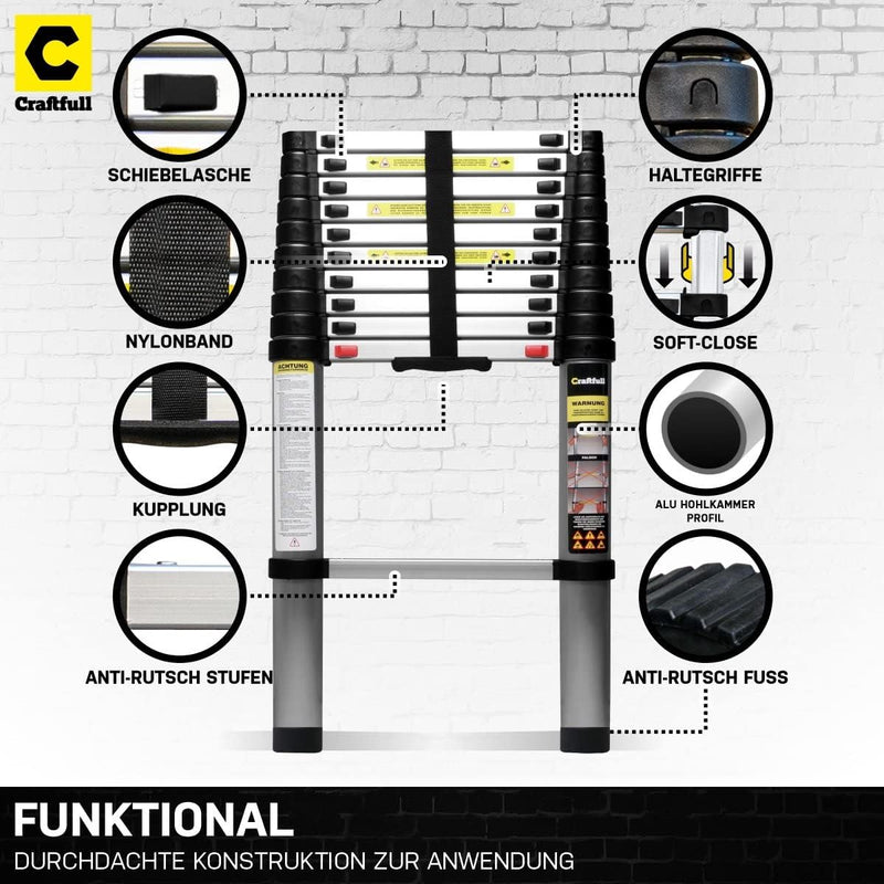 𝐂𝐑𝐀𝐅𝐓𝐅𝐔𝐋𝐋 Aluminium Teleskopleiter CF-101B | 𝟑 𝐉𝐀𝐇𝐑𝐄 𝐆𝐀𝐑𝐀𝐍𝐓𝐈𝐄 - Finger Protection - Ausziehleiter -