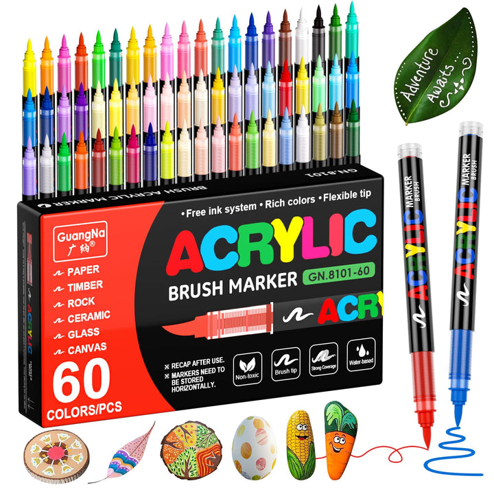 60 Farben Acrylstifte für Steine Wasserfest, Permanent Acrylic Marker, Pinselspitze Acrylstifte für