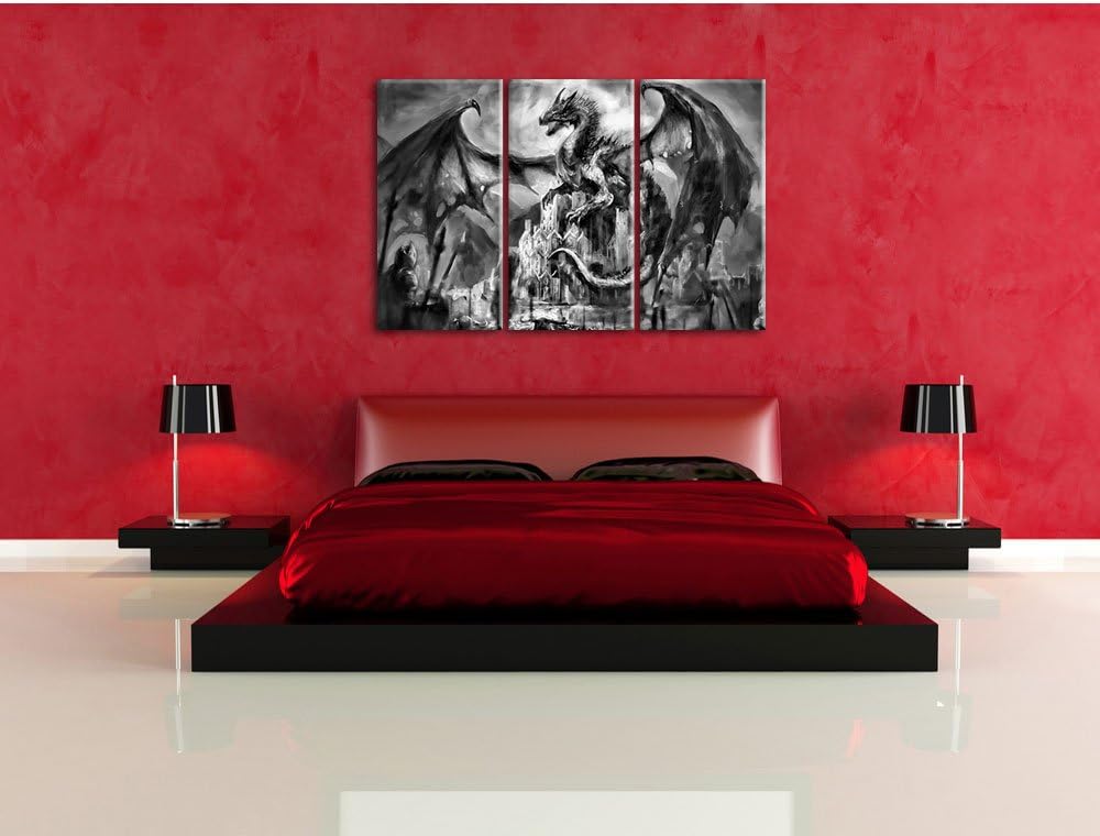 Pixxprint Drache schützend über Burg als Leinwandbild | Grösse: 3 Teilig (120x80) | Wandbild| Kunstd