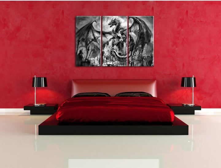 Pixxprint Drache schützend über Burg als Leinwandbild | Grösse: 3 Teilig (120x80) | Wandbild| Kunstd