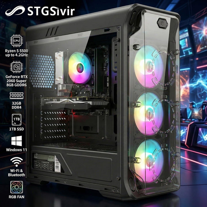 STGsivir Gaming PC, GeForce RTX 2060 Super 8GB GDDR6,Ryzen 5 5500 bis zu 4.2 Ghz,32G DDR4,1TB SSD,WL