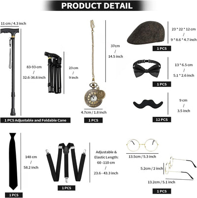 WILDPARTY 20er Jahre Kostüm Herren Accessoires, Faltbarer Krücken Metall, Panamahut, Taschenuhr, Met