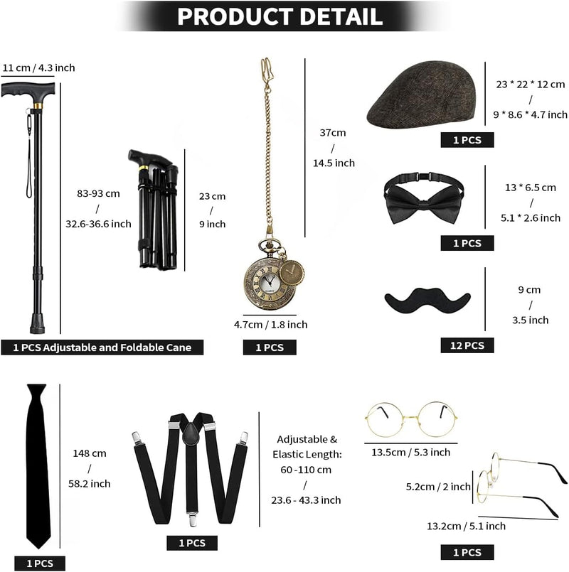 WILDPARTY 20er Jahre Kostüm Herren Accessoires, Faltbarer Krücken Metall, Panamahut, Taschenuhr, Met
