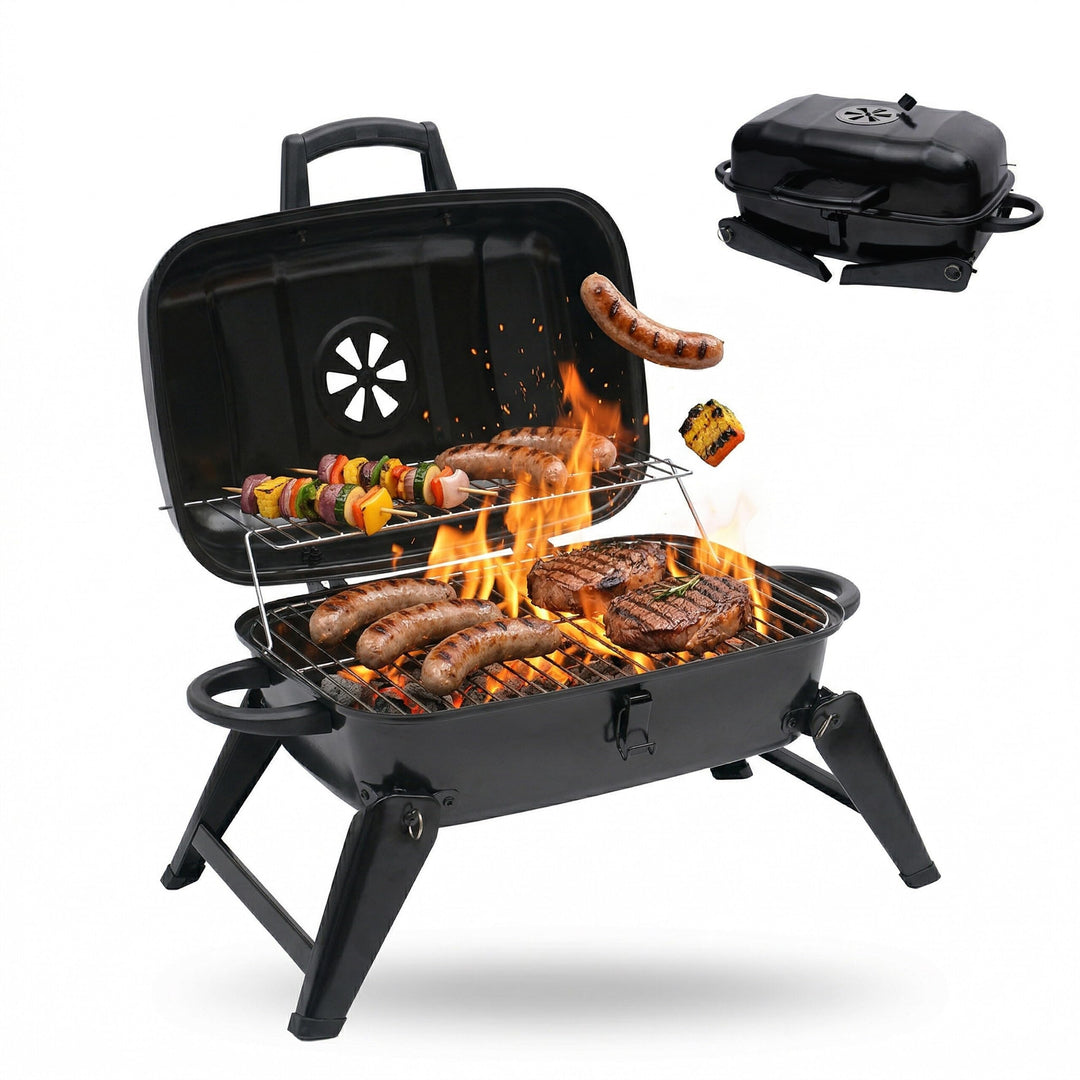 Relaxdays Tischgrill, tragbarer Klappgrill, HBT: 34 x 59 x 36 cm, Warmhalterost, Lüftung, Kohlegrill