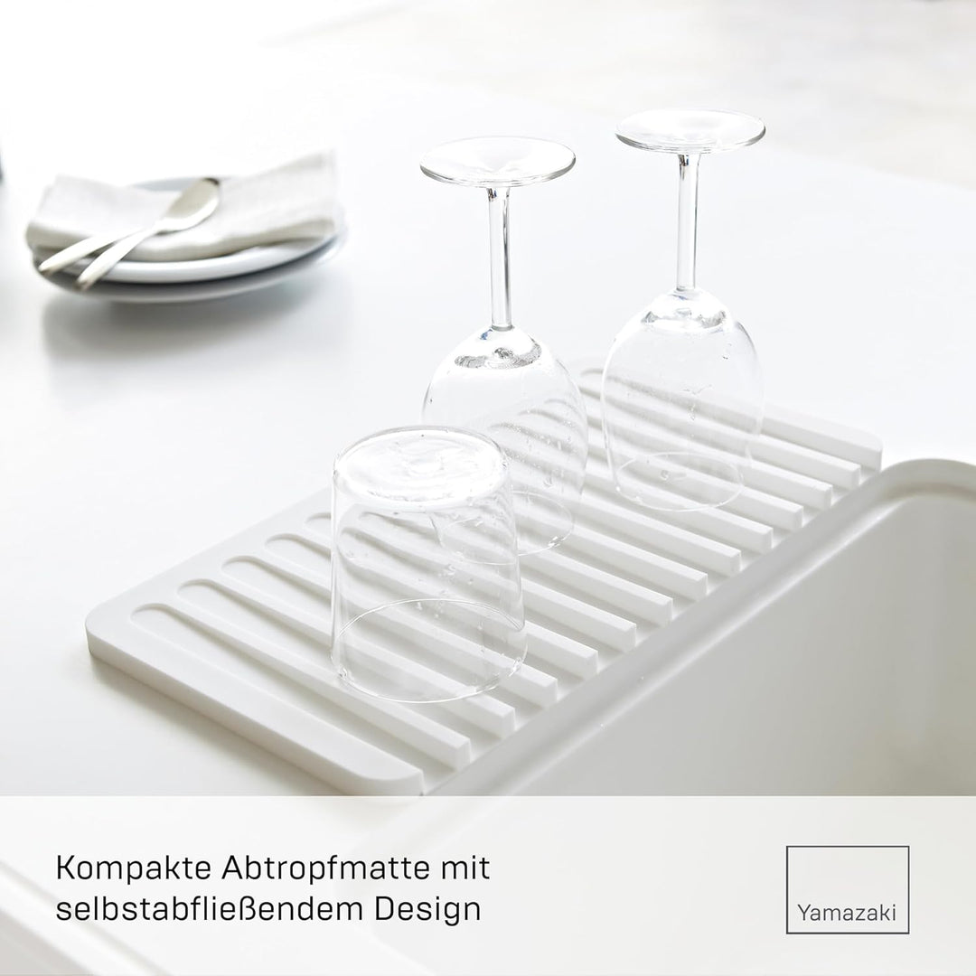 Yamazaki 7445 FLOW Abtropfmatte aus Silikon, weiss, Silikon, minimalistisch, 38 x 20 x 1.2 cm, Weiss