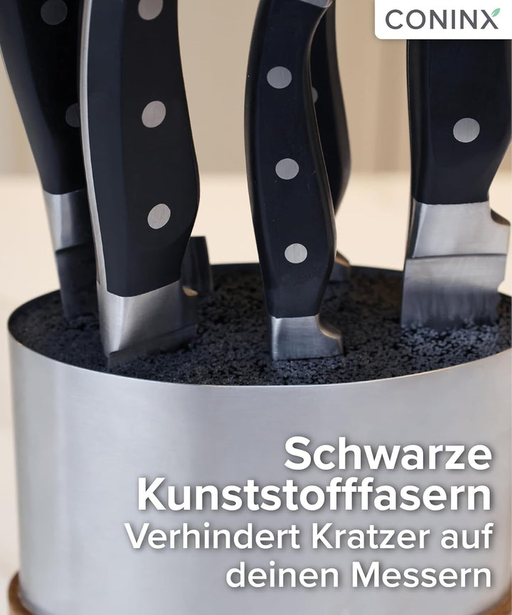 Coninx Messerblock Edelstahl Oval mit Akazieneinsatz – Moderner Universal Messerhalter für Küchenarb