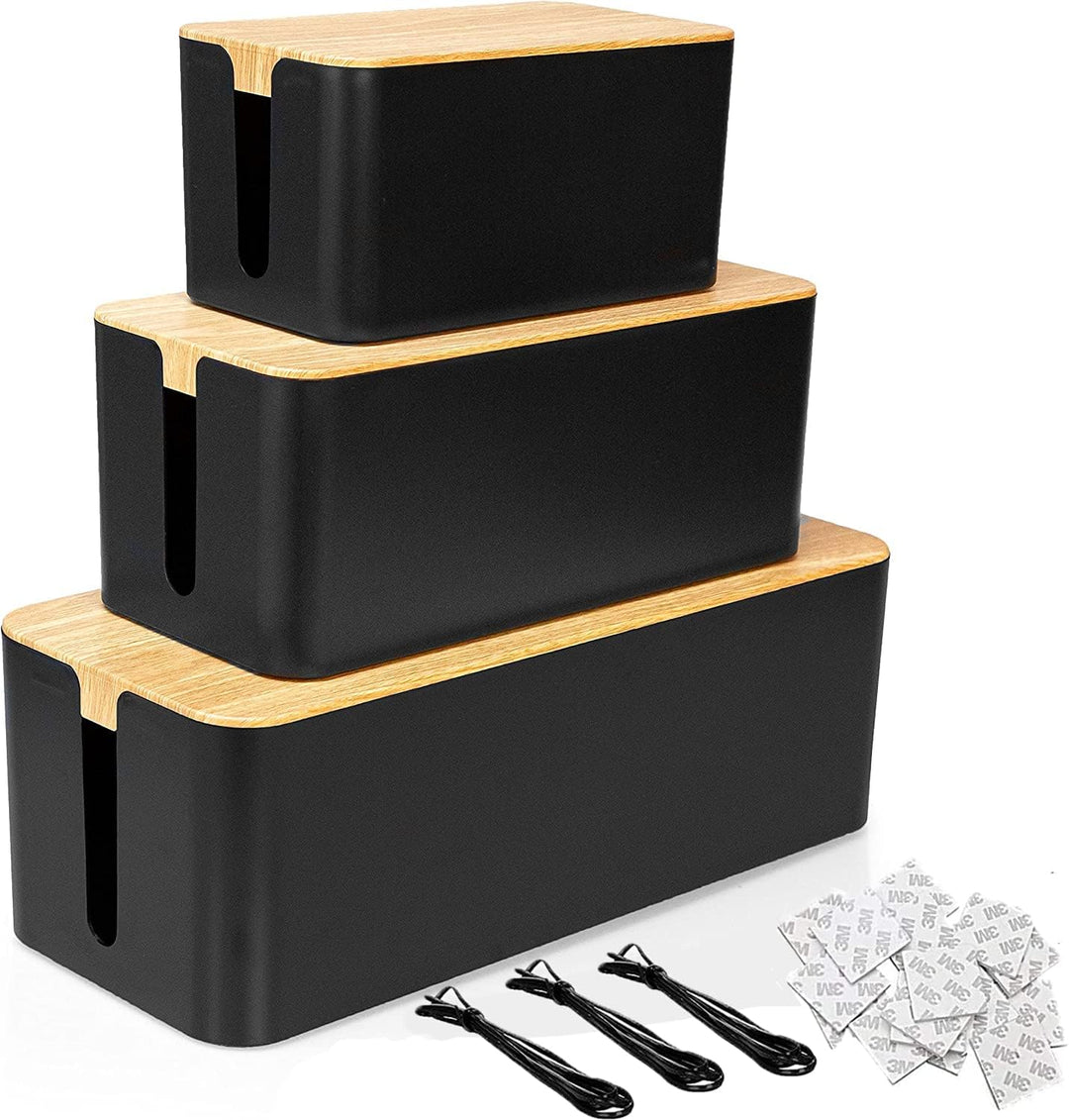 SENENQU 3er-Set Kabelbox Schwarz, Grosse Kabel Organizer Box mit Holzdeckel für Kabel, Grosse und Kl