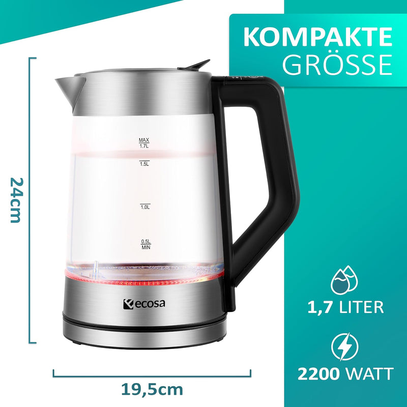 Glas Wasserkocher 1,7 Liter | 2200 Watt | Edelstahl mit Temperaturwahl | Teekocher | 100% BPA FREI |