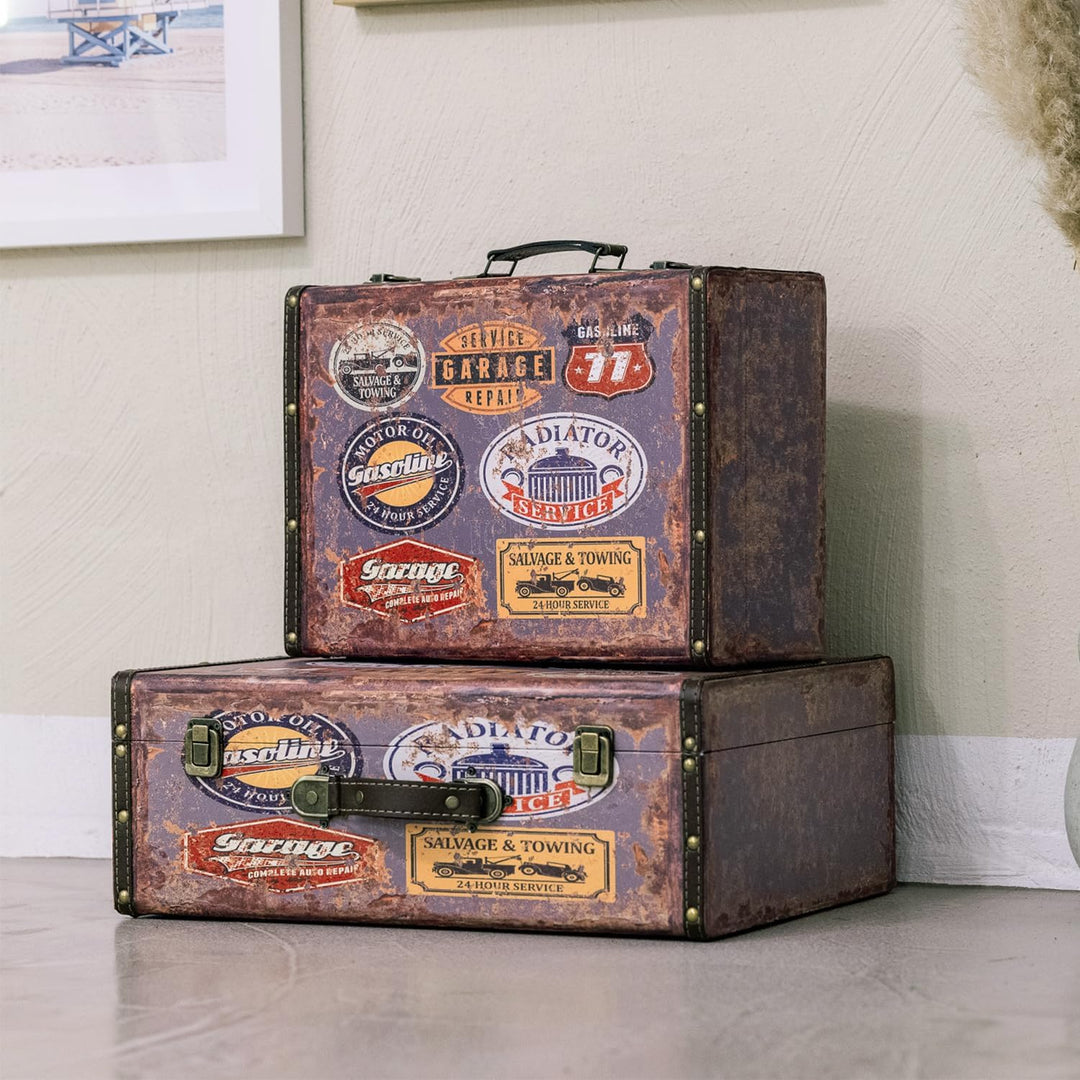 HMF VKO107 Vintage Koffer aus Holz | 2er Set | Versch. Grössen | Deko Garage Set de 2 Garage, Set de