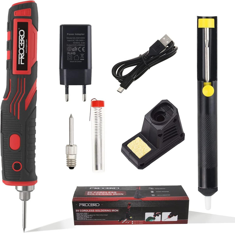 FrogBro 11W Akku Lötkolben Set mit 2 Ersatz Lötspitze, 1 Entlötpumpe und Typc C Kabel + EU Adapter,
