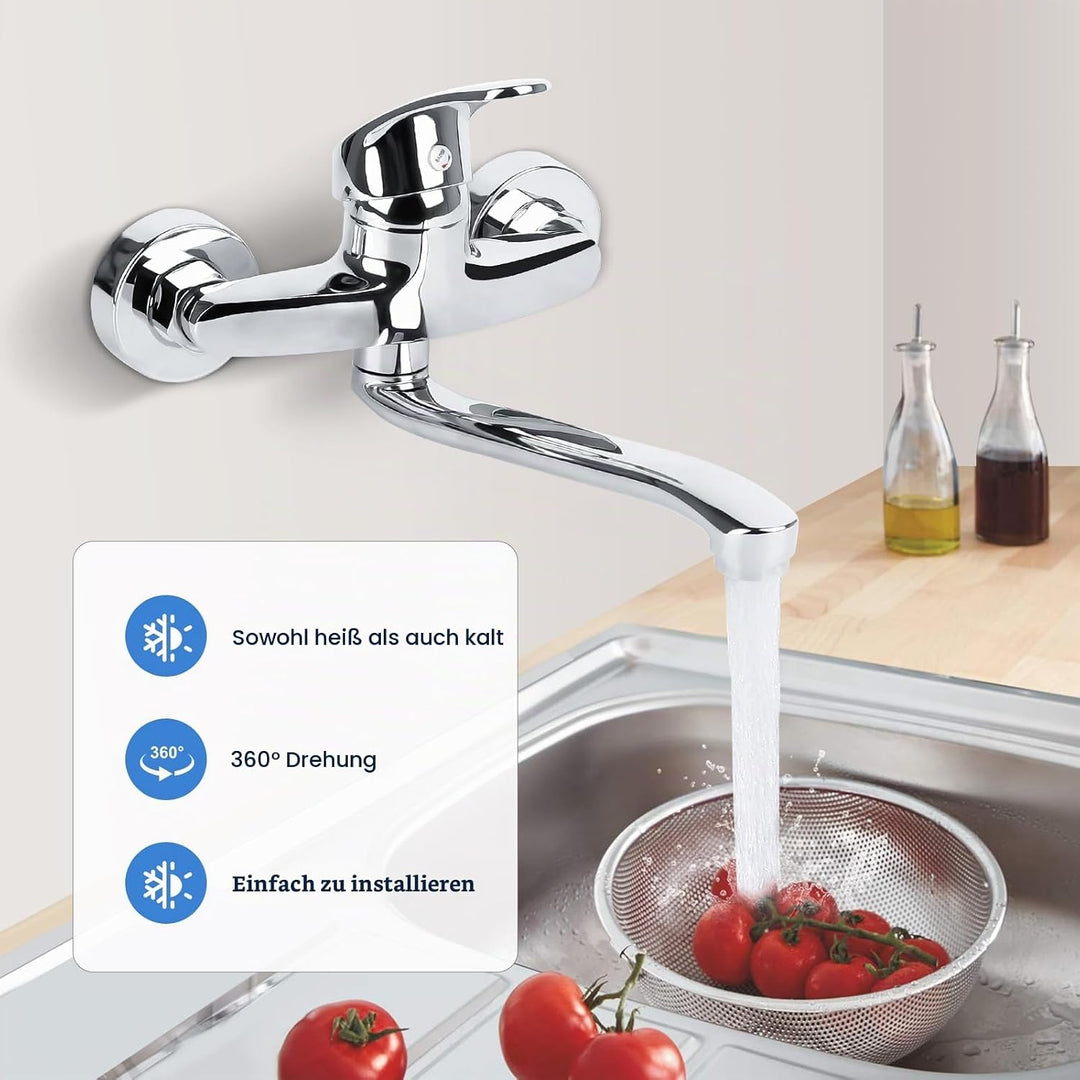 360° Drehbare Wasserhahn Küche Wandmontage, Kalt und Heiss Edelstahl Wasserhahn Küche Wandarmatur, W
