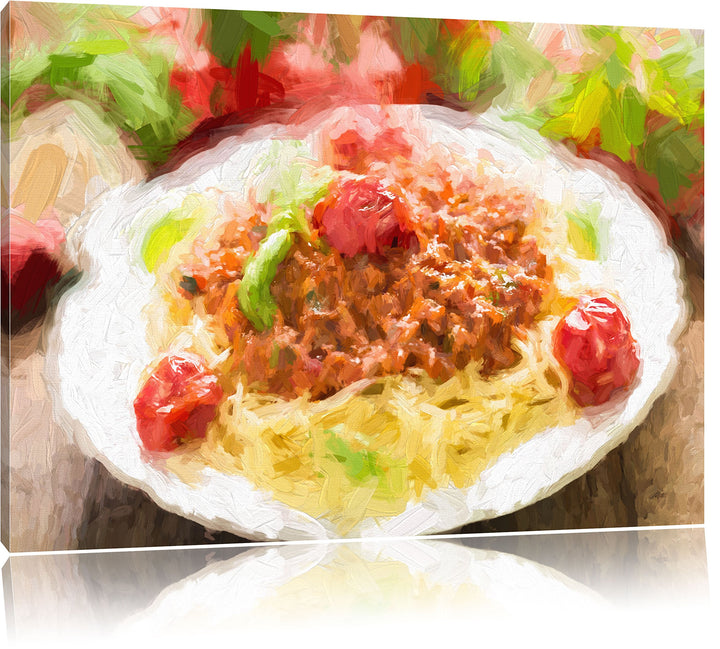 Pixxprint Spaghetti Bolognese auf dem Teller Kunst Pinsel Effekt, Format: 100x70 auf Leinwand, 100x7