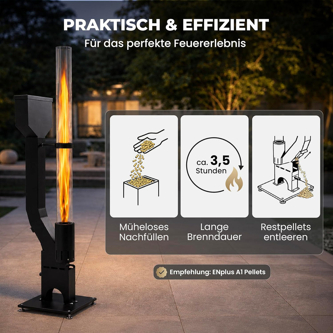 Lemodo Pelletfackel Prime XL, Feuersäule Outdoor mit Glasröhre, für Garten & Terrasse, für Holzpelle