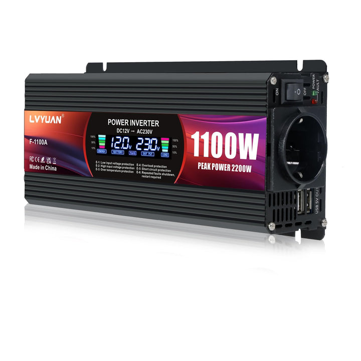 LVYUAN 1100W Wechselrichter DC 12V auf 230V AC Spannungswandler Stromwandler Inverter 2 USB Ports/EU
