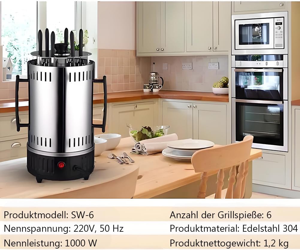 TABODD Vertikaler Elektrogrill Schaschlikgrill mit 6 Schaschlikspiesse, 1000W Dönergrill für Zuhause