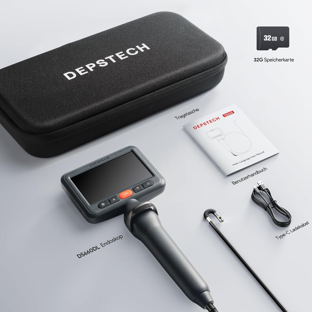 DEPSTECH Dual Lens Endoskopkamera mit Licht, 1080P Drehbar Endoskop, 5 Zoll IPS-Bildschirm Inspektio