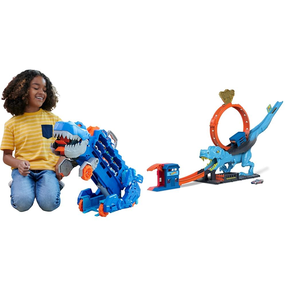 Hot Wheels 2:1 Transporter zu T-Rex mit inkl. Autorennbahn, mit Beleuchtung und Geräuschen & Autoren
