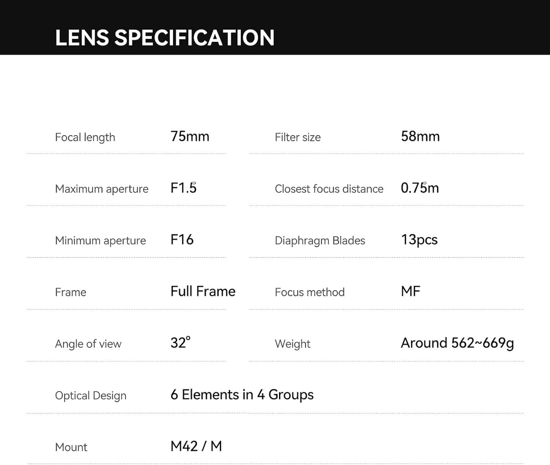 TTARTISAN 75 mm F1,5 Objektiv für M42 Mount Swirly Bokeh Vollformat Manueller Fokus Prime Objektive