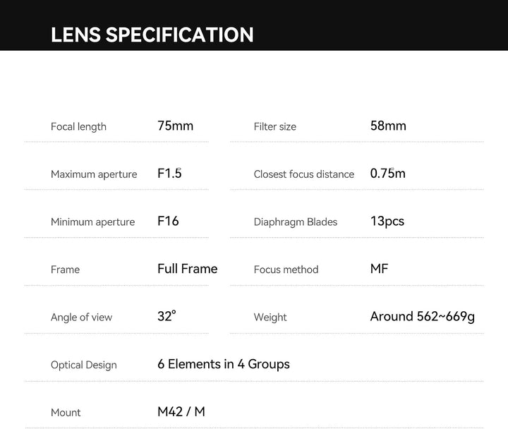TTARTISAN 75 mm F1,5 Objektiv für M42 Mount Swirly Bokeh Vollformat Manueller Fokus Prime Objektive