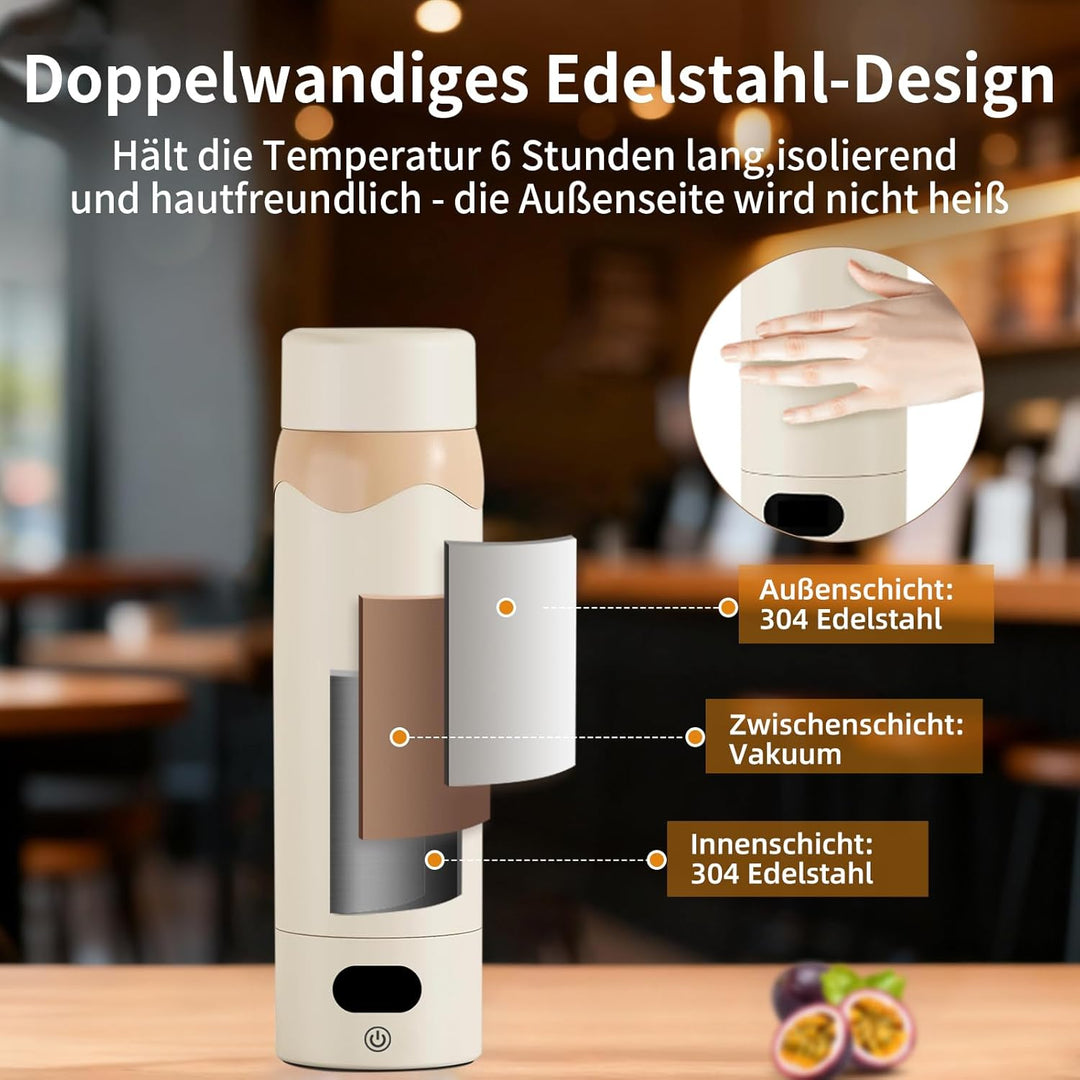 450 ml Reisewasserkocher Klein mit 4 Temperatureinstellungen, Doppelschicht 304 Edelstahl, 6 Stunden