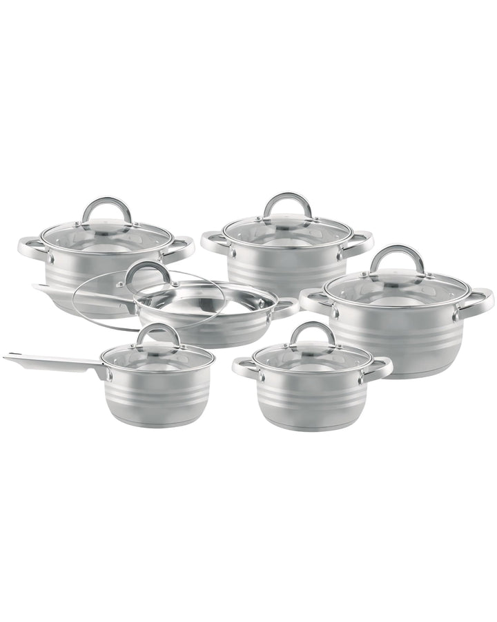 BAVARY Topfset, 12-teilig – 18/10 Edelstahl-Kochtopfset mit Glasdeckeln – Supercapsule-Boden – geeig