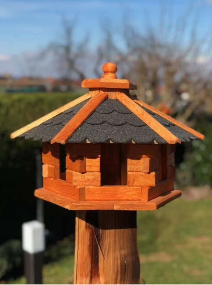 DARLUX Handgefertigtes Sechseck Vogelhaus aus Holz wetterfest M - XXL mit und ohne Ständer, Futterha