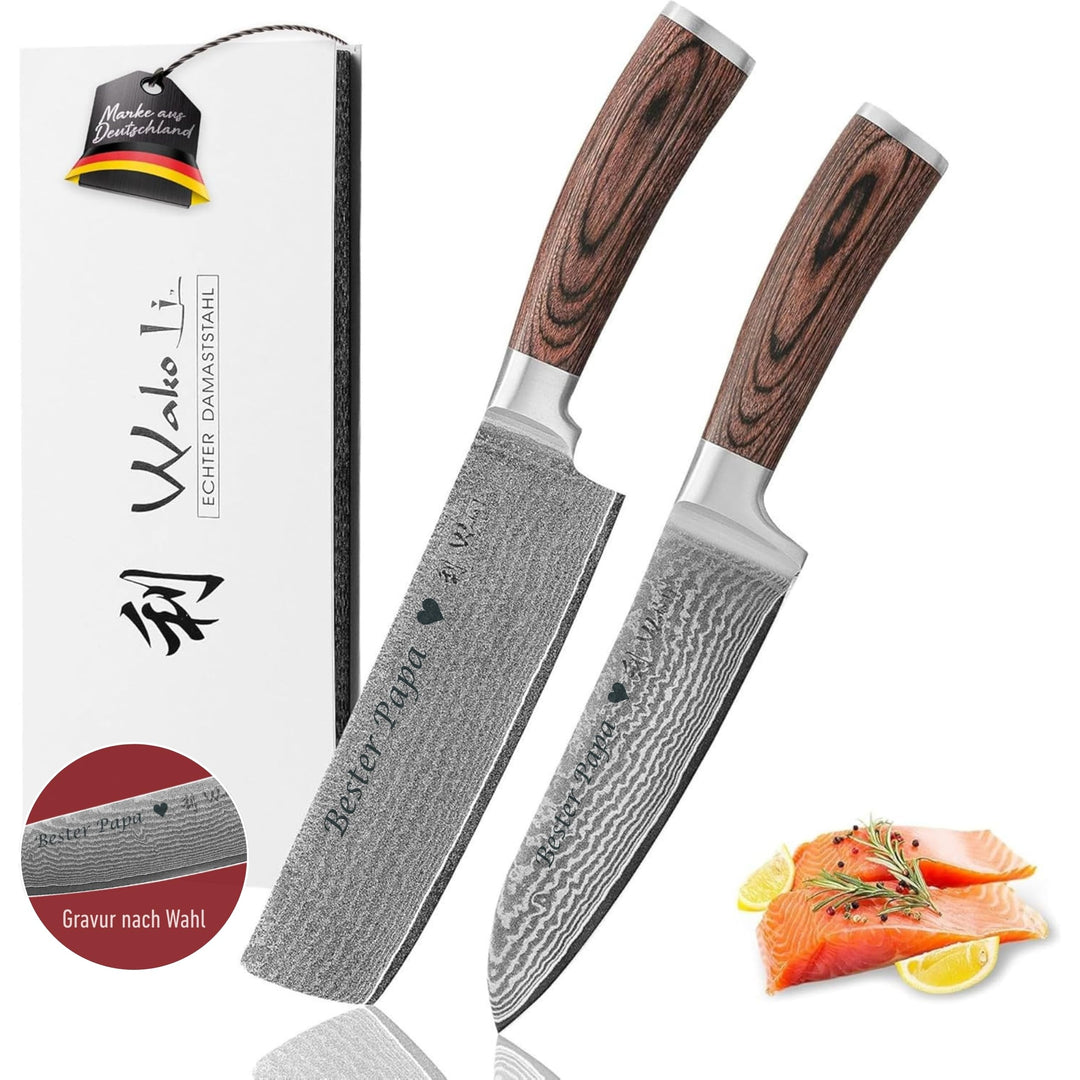 Wakoli Edib 2er Damastmesser Set mit Gravur – Personalisiertes Messer-Set, Santoku & Nakiri (17/17,5