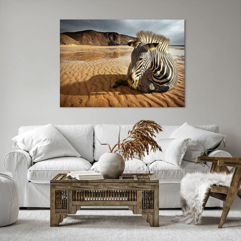 Bilder auf Leinwand 100x70cm Leinwandbild Zebra Strand Landschaft Gross Wanddeko Bild Schlafzimmer K