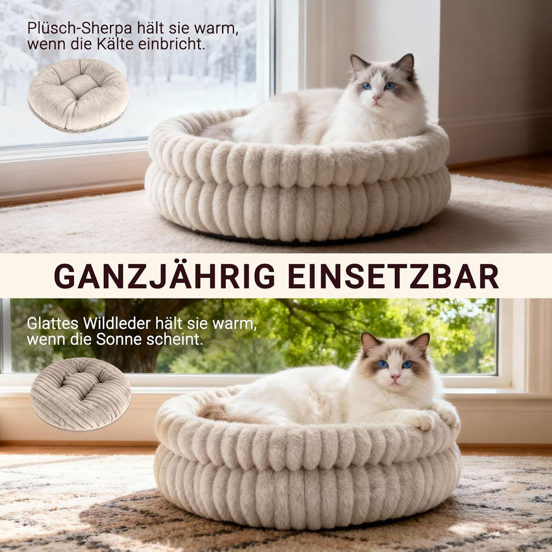 EDMIENS Katzenbett, Waschbar Indoor Katzenbett Flauschig, Rund Katzenkissen, zweiseitig Innenkissen
