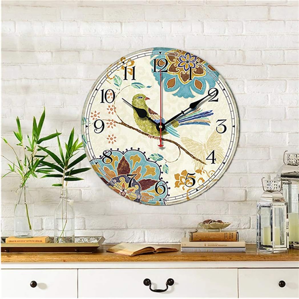 SWHONG Wanduhr, bunt, Shabby Chic, Vogel & Blumen, Nicht Ticking, für Wohnzimmer, Dekoration des Hau