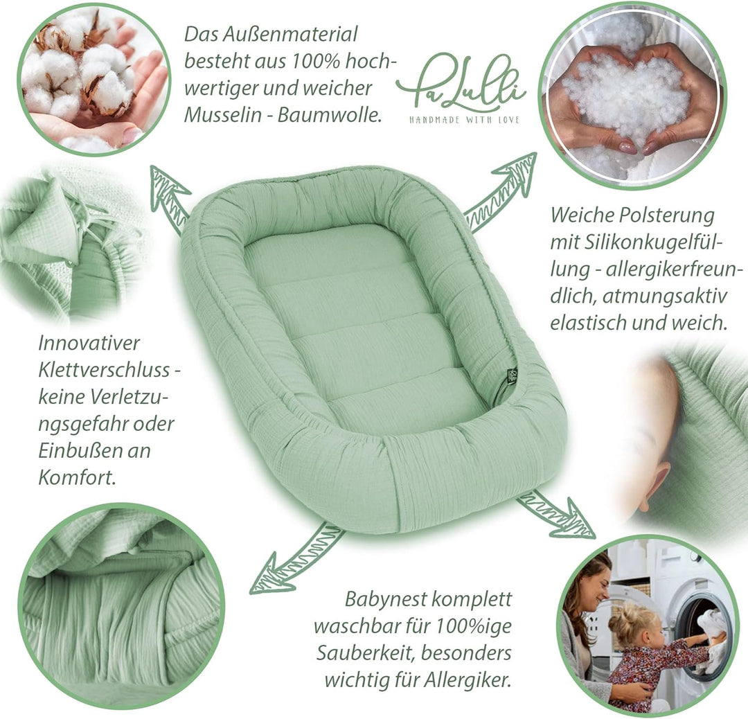PALULLI® Set 2in1 Babynest und Einschlagdecke, 100% Musselinn, Baby Nestchen Set, Babynestchen - Bab