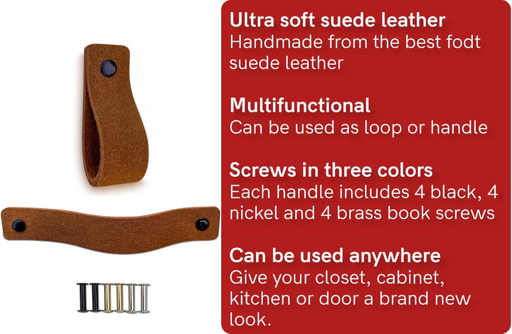 Brute Strength - Ledergriffe für Möbel - Wildleder - Cognac - 6 Stück - 16,5 x 2,5 cm - Schrankgriff